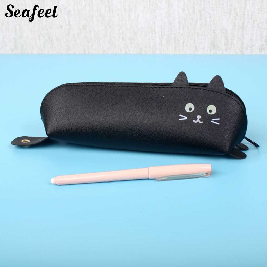 Túi Đựng Bút Giả Da Họa Tiết Mèo Biển Hoạt Hình Dễ Thương Có Khóa Kéo