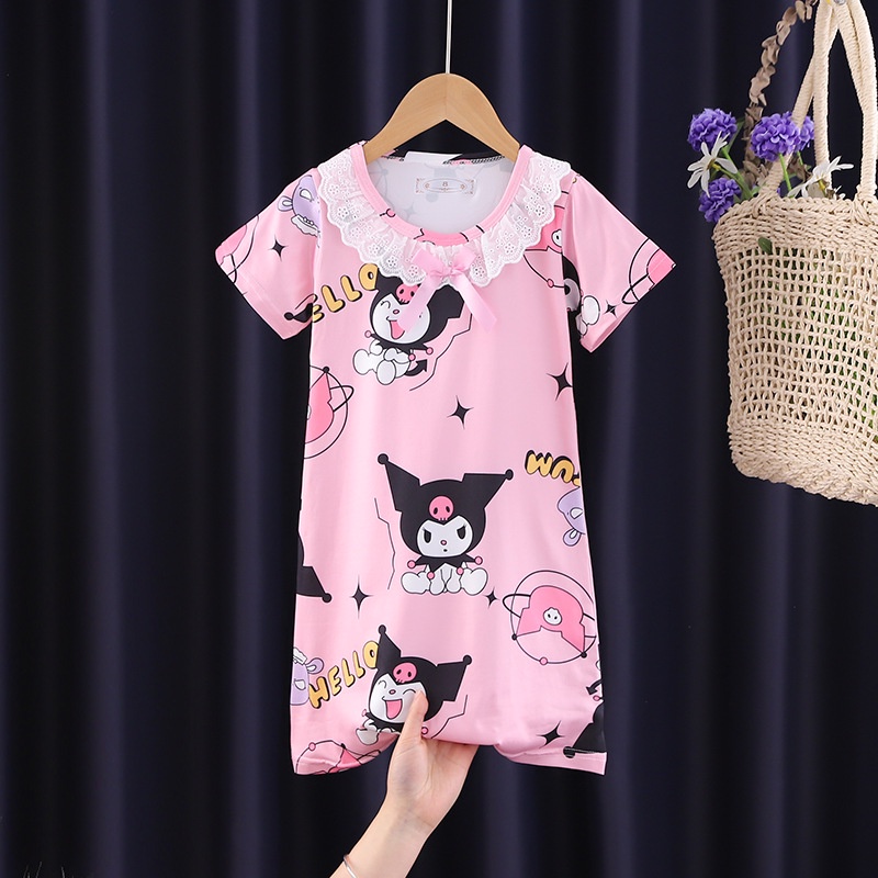 Kawaii sanrios kids nightdress dễ thương anime mymelody kuromi cinnamoroll phim hoạt hình đồ ngủ mùa hè tay ngắn váy đồ mặc nhà quà tặng
