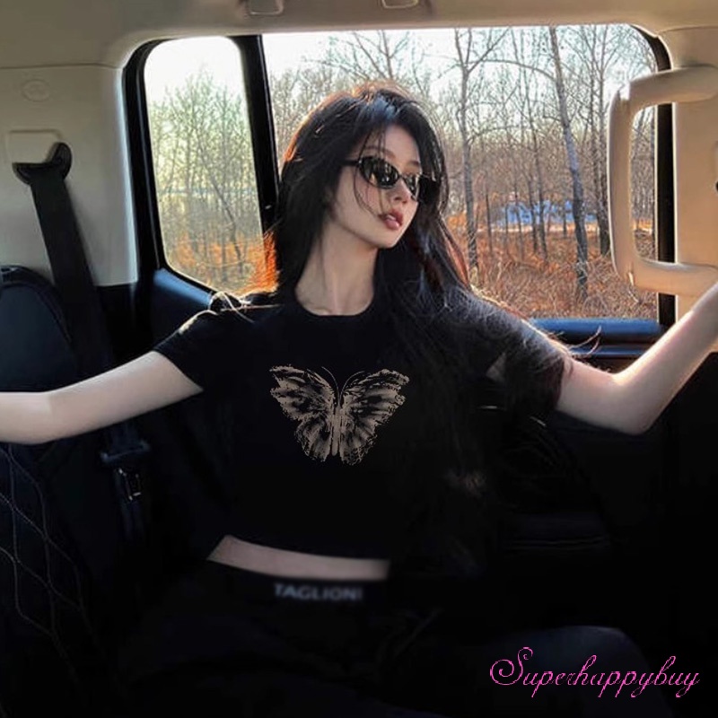 Áo Thun Ngắn Tay Cổ Tròn In Họa Tiết Bướm Và Chữ Thời Trang Mùa Hè Cho Nữ