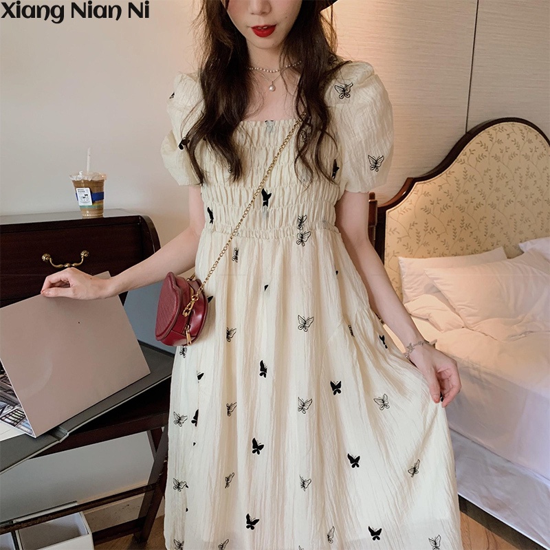 Đầm Tay Phồng Cổ Vuông In Họa Tiết Hoa Nhí Xinh Xắn Thời Trang Kiểu Pháp Cho Nữ