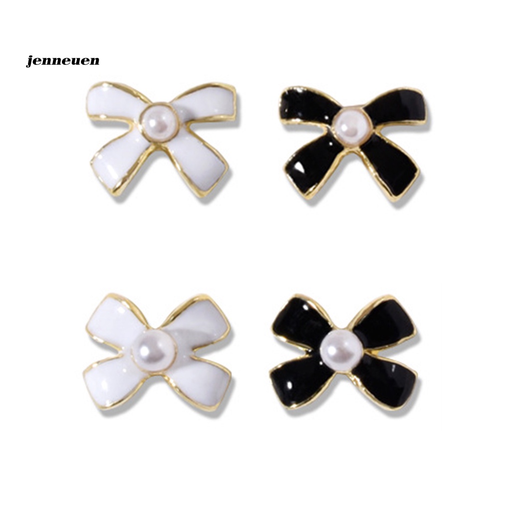 Set 5 Móng Tay Giả Bằng Kim Loại Đính Hạt Charm Nơ Trắng Đen Tự Nhiên Sáng Tạo