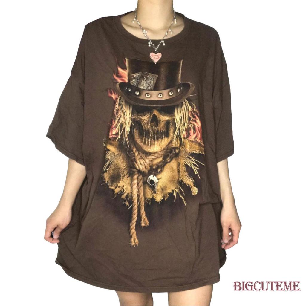 Áo Thun Tay Ngắn Dáng Rộng In Hình Đầu Lâu Cá Tính Phong Cách Vintage Cho Bạn Gái