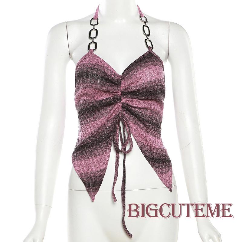 [] - Áo Croptop Không Tay Hở Lưng Dây Rút Màu Sắc Tương Phản Phong Cách Đường Phố Mùa Hè Cho Nữ