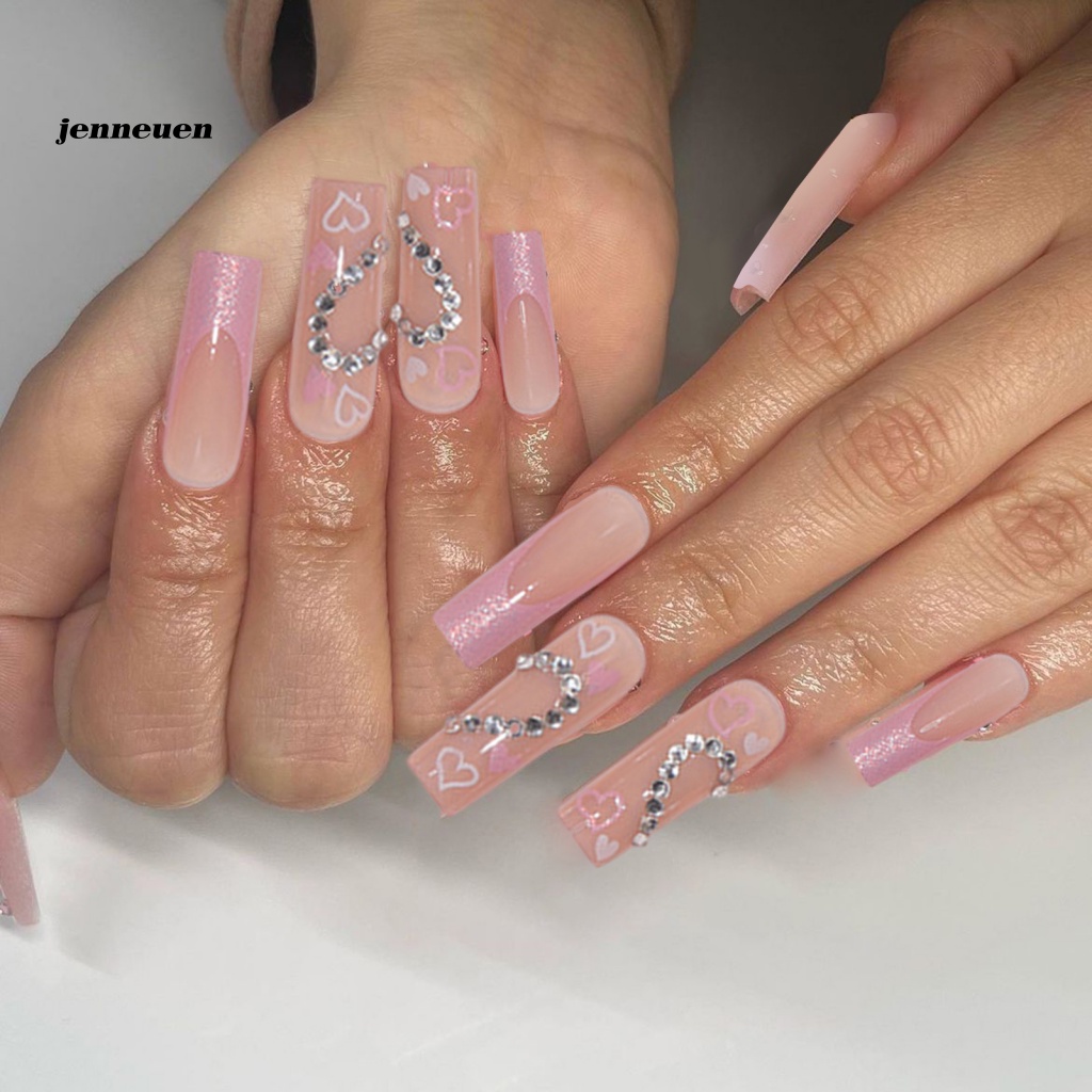 1 Bộ Móng Tay Giả Dạng Nhấn Đính Kim Cương Trái Tim Không Phai Màu