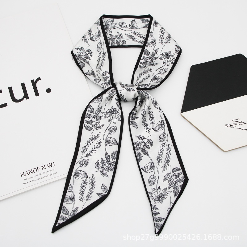 Khăn Quàng Cổ Dài Thắt Nơ Ruy Băng Đen Trắng Bằng Lụa