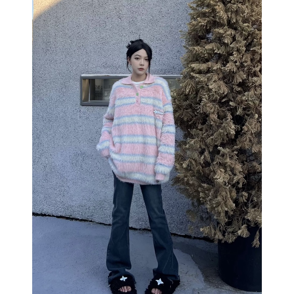 Áo Sweater Dáng Rộng Họa Tiết Màu Nhuộm Phong Cách Retro Cao Cấp