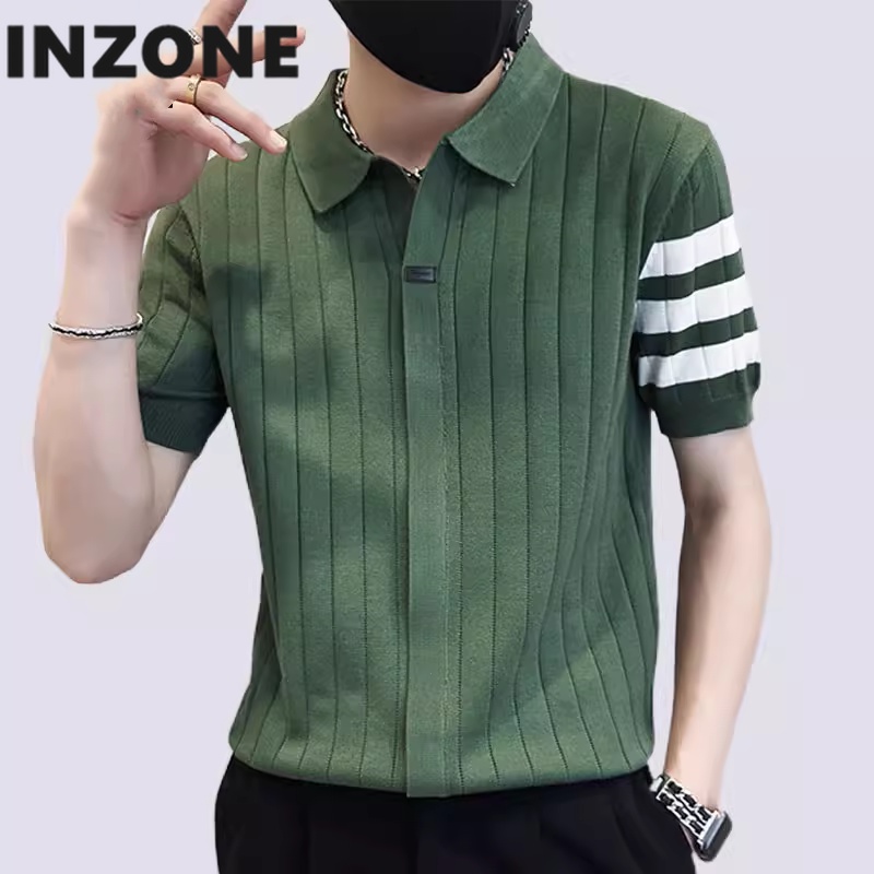 Áo Thun Polo Dệt Kim Tay Ngắn Dáng Ôm Họa Tiết Kẻ Sọc Phong Cách Hàn Quốc Thời Trang Cho Nam