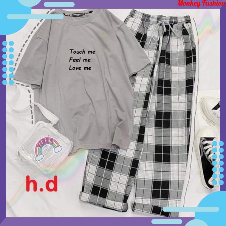 Hàng Loại 1: Set Đồ Nữ Đi Chơi Đi Học  TO TO SHOP, Sét Đồ Bộ Nữ Cotton Áo Phông In TOUCH ME Mix Quần