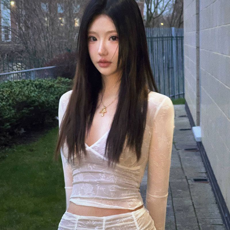 FXDAZI [Áo Ren Cổ Chữ V Khoét Sâu Tay Dài Dáng Ôm Phong Cách Hoàng Gia Quyến Rũ Cho Nữ