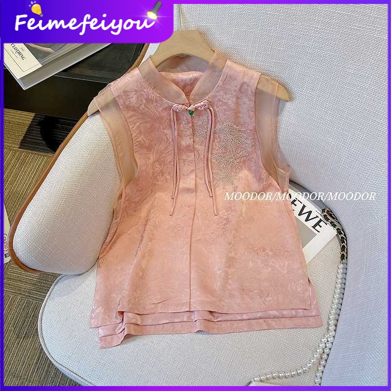 Áo Không Tay Vải Jacquard Satin Cao Cấp Cài Nút Phong Cách Trung Hoa Cổ Điển Hàng Mới 2023 Dành Cho Bạn Nữ
