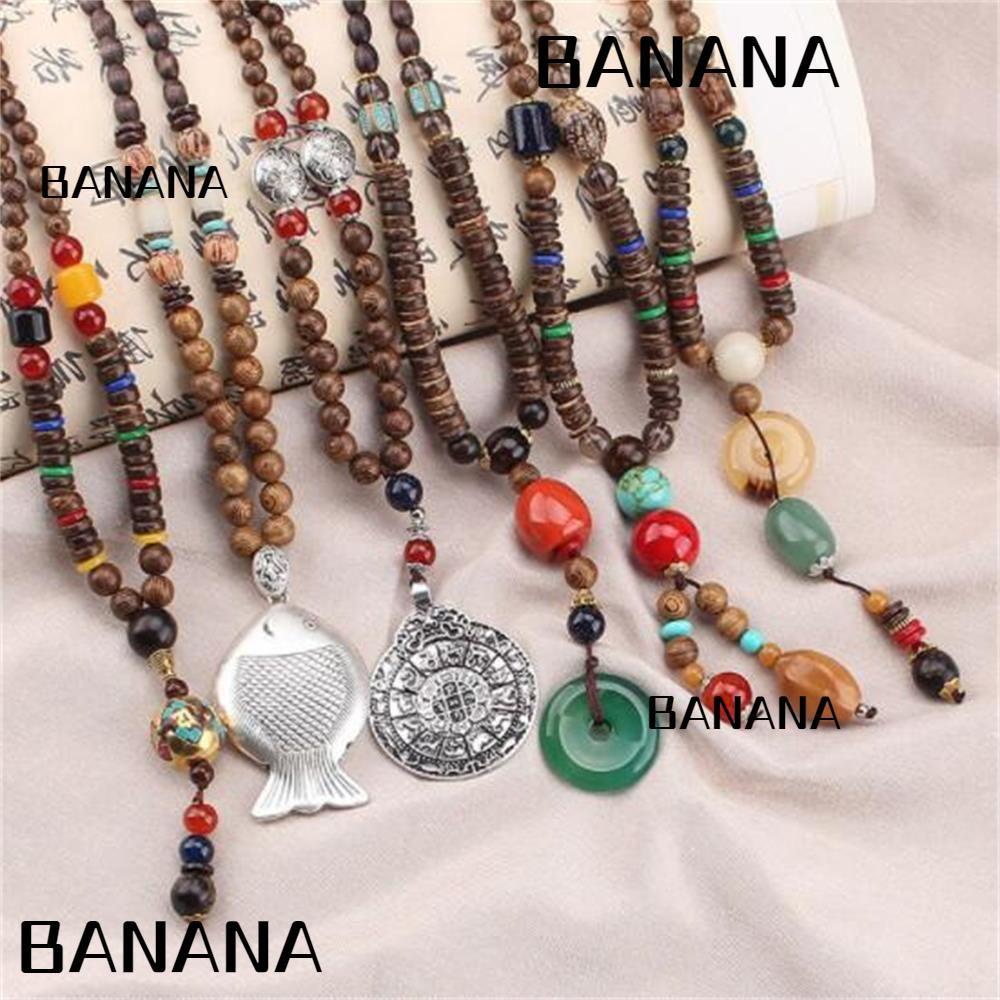 BANANA Boho Horn Fish Pendant Festival Buddhist Nepal Necklace Party Lucky Gift Ethnic Jewelry Handmade Vintage Mala Wood Bead