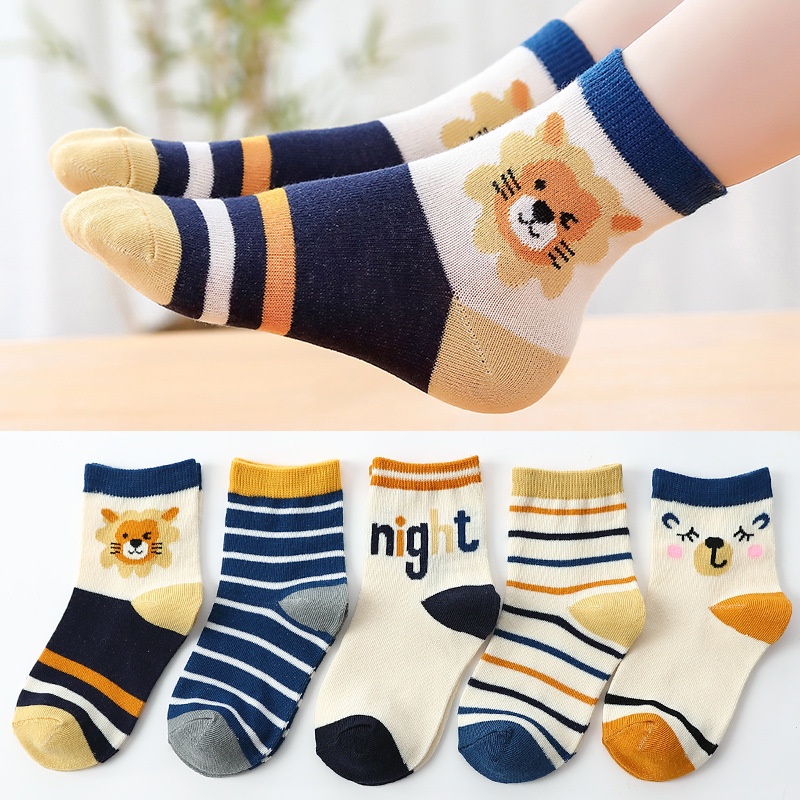 Set 5 Đôi Tất Cotton Chống Trượt Thoáng Khí In Hình Sư Tử Hoạt Hình Thời Trang Thu Đông 2023 Cho Bé
