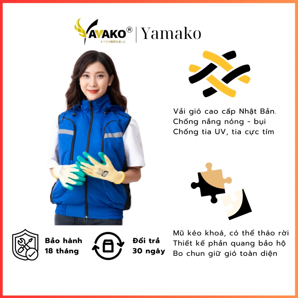 Áo khoác quạt điều hoà ghile Nhật Bản Yamako, áo có mũ tháo rời màu xanh