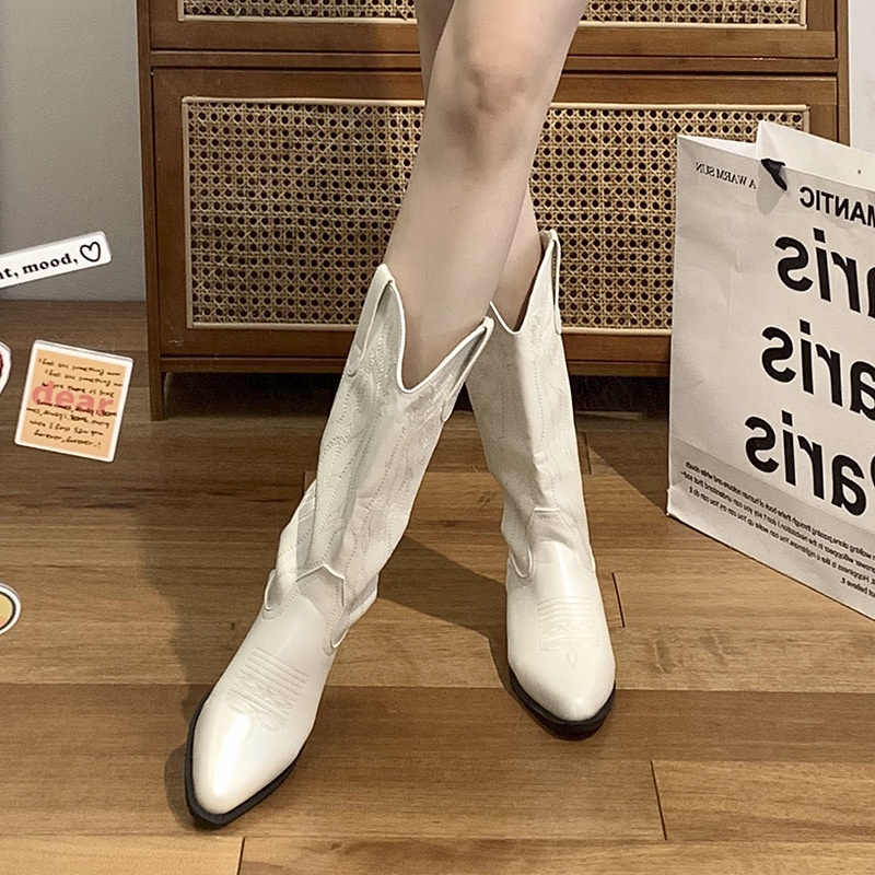 Giày Bốt Cao Bồi Mũi Nhọn Màu Trắng Phong Cách Retro Phương Tây Thời Trang Mùa Hè 2023 Mới