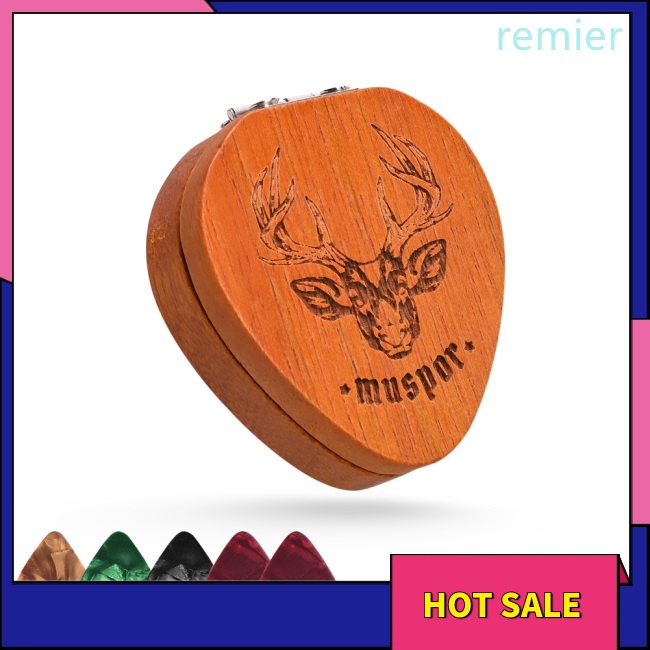 Re wood guitar pick holder pick-shaped guitar storage plectrum container display case with 5 pcs colorful guitar picks