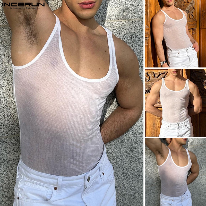 INCERUN Áo Ba Lỗ Kẻ Sọc Xuyên Thấu Gợi Cảm Phong Cách Vintage Cho Nam