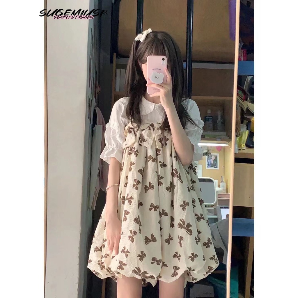 Sugemiusi Bộ Áo Sơ Mi Tay Phồng Kèm Đầm Hai Dây Thời Trang Mùa Hè Ngọt Ngào Cho Nữ