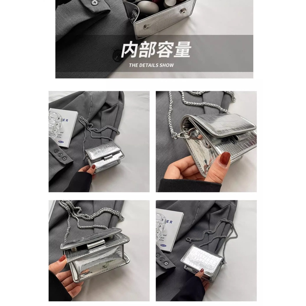 Túi Đeo Chéo mini Màu Bạc Phối Dây Xích Thời Trang Mùa Hè