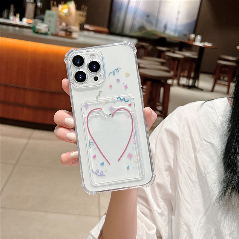 Love heart card holder vỏ điện thoại cho iphone 11 12 13 14 pro max x xs xr xs max 7 8 plus se 2020 2022 vỏ silicon tpu trong suốt vỏ điện thoại mềm bumper wallt shell