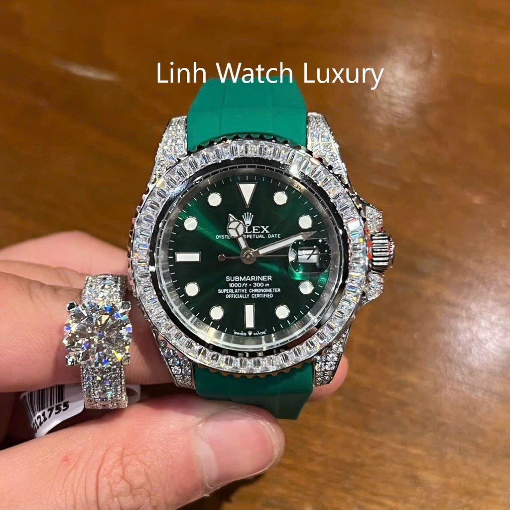 Đồng Hồ Nam R0lex Submariner viền đá CZ, Dây cao su, Máy cơ automatic, Hỗ trợ cót tay