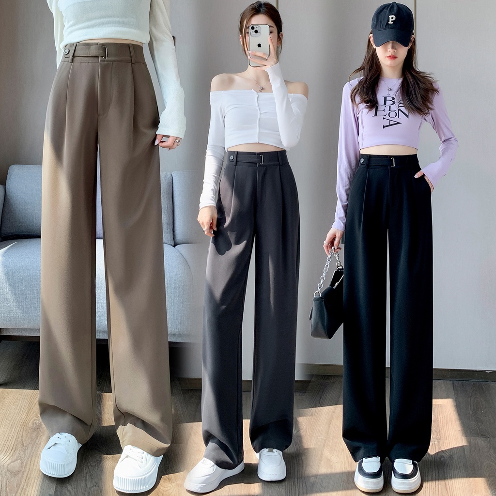 Chân dài to siêu mỏng hơn trông mùa thu hẹp phù hợp với quần ống rộng cạp cao thẳng xếp tầng quần phụ nữ