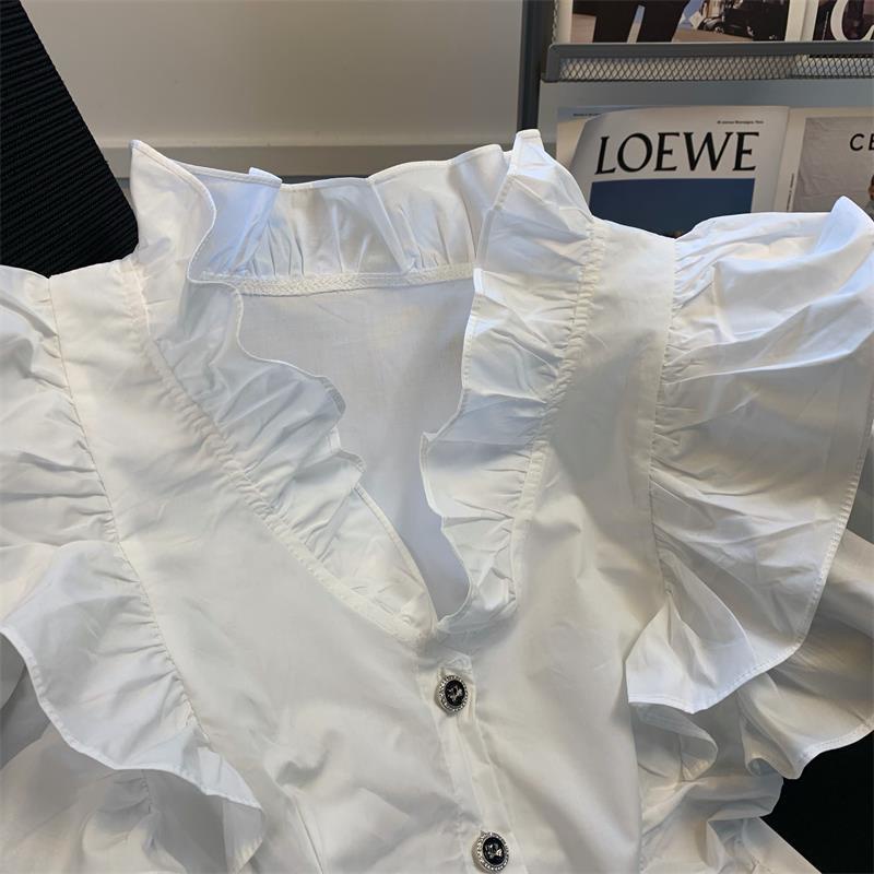 Pháp xù bay tay áo sơ mi phụ nữ không tay phong cách ngắn phong cách phương tây thẻ eo áo sơ mi nhỏ mỏng-vừa vặn mỏng hơn trông trắng hàng đầu mùa hè