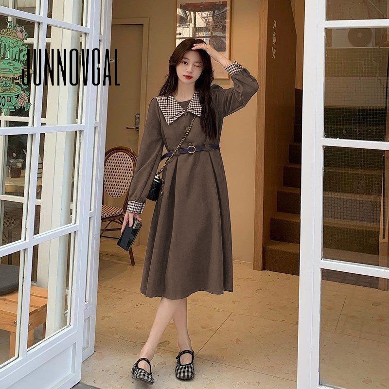 Đầm nữ JUNNOVGAL nhấn eo tay dài khí chất retro size lớn thời trang mới 2023