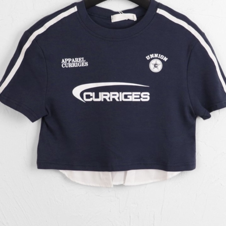 Áo thun croptop BH chất cotton tay ngắn phối màu in hình vintage kiểu Mỹ cho nữ