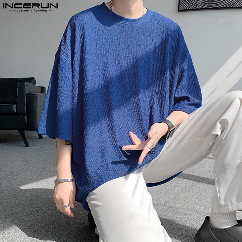Áo thun INCERUN cổ tròn tay ngắn màu trơn phong cách Hàn Quốc dành cho nam