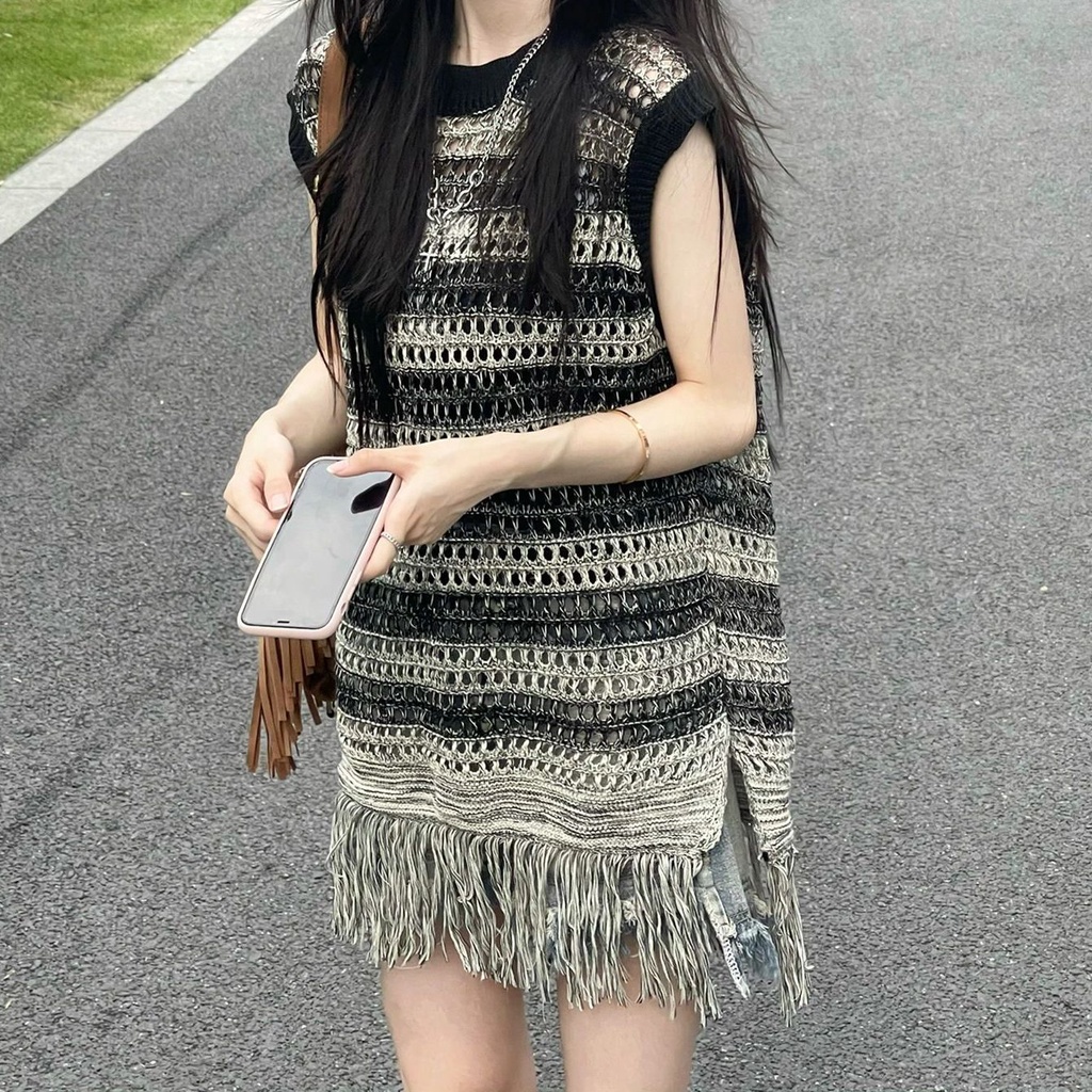 Áo sweater Dệt Kim Dáng Rộng Vừa Vặn Thoải Mái Họa Tiết Kẻ Sọc Trắng Đen Phong Cách bohemian Pháp Mùa Hè