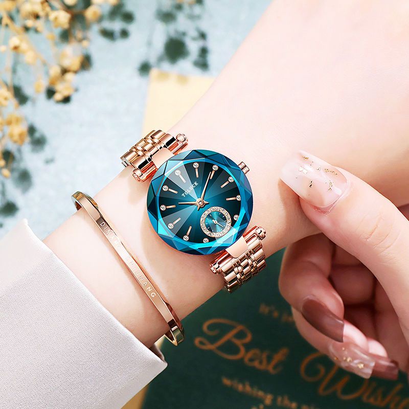 Yp. Đồng Hồ Nữ Dây Thép Đính Kim Cương Nhân Tạo Chống Nước Thời Trang