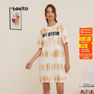 Đầm Lovito dáng ngắn in hình bướm và chữ họa tiết loang màu đơn giản có túi và nút cài phía trước L19D173 (màu trắng)