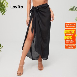 Khăn choàng đi biển Lovito dáng rộng kiểu thắt nút màu trơn phong cách boho L11046 (màu đen)