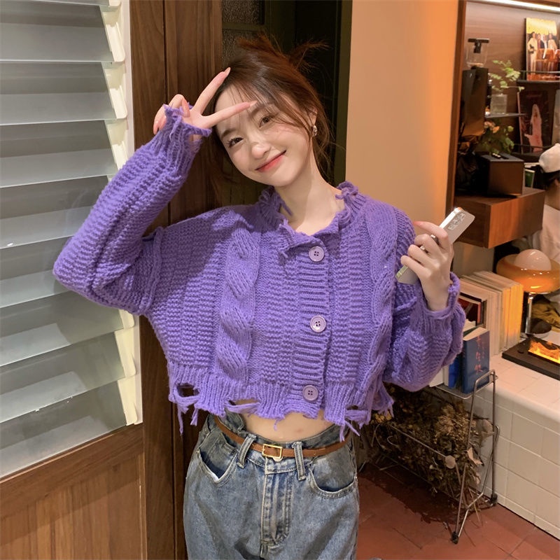 Tua plain torn cardigan edge sweet korean knit cardigan