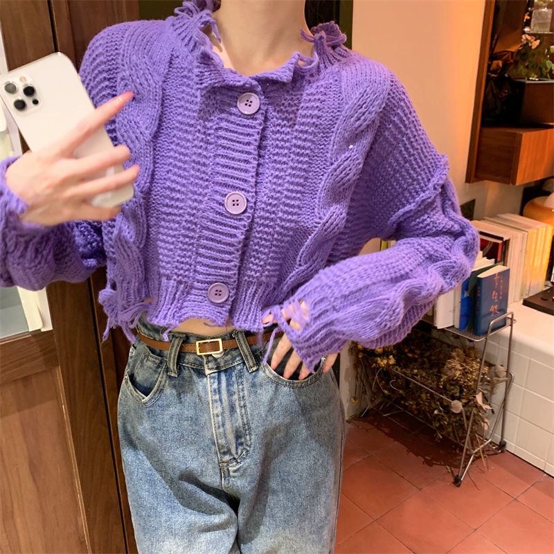 Tua plain torn cardigan edge sweet korean knit cardigan