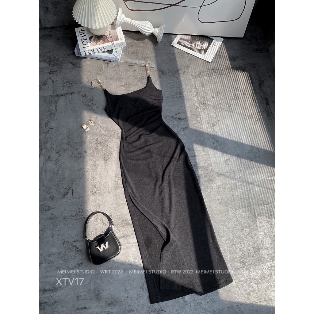 Đầm Gogi xốp nhăn 2 dây xích - Váy xẻ đùi dáng midi ôm body - Mặc đi chơi, đi biển | XTV17 | MeiMei Studio