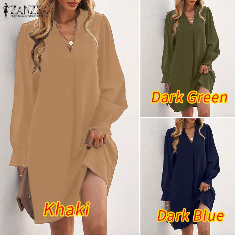 ZANZEA Đầm Nữ Tay Dài Phồng Cổ Chữ V Thời Trang Quyến Rũ