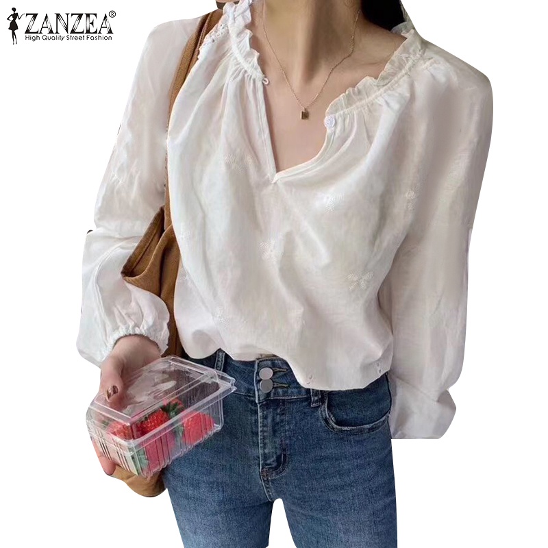 ZANZEA Áo Kiểu Dài Tay Cổ Tròn Hở Vai Phối Bèo Thanh Lịch Cho Nữ