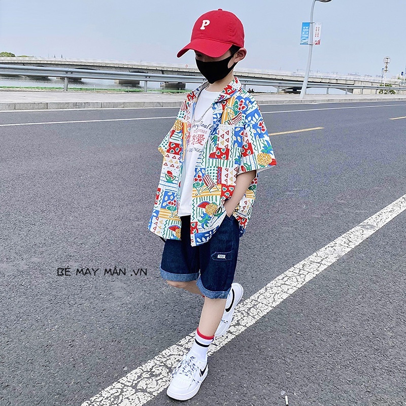 Áo sơ mi số đại cho bé trai,Áo Sơ Mi Ngắn Tay Họa Tiết Hoa Thời Trang Mùa Hè Cho Trẻ Em Trai 3-14 Tuổi
