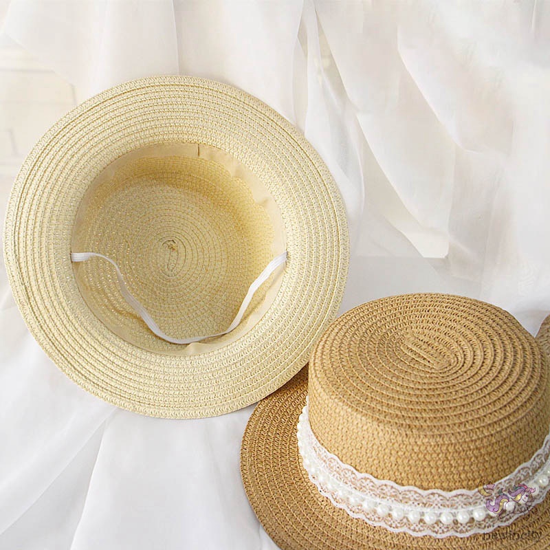Mũ Cói Chống Nắng Phối Ren Đính Ngọc Trai Phong Cách Hàn Quốc Thời Trang Xuân Hè Dành Cho Bé Gái
