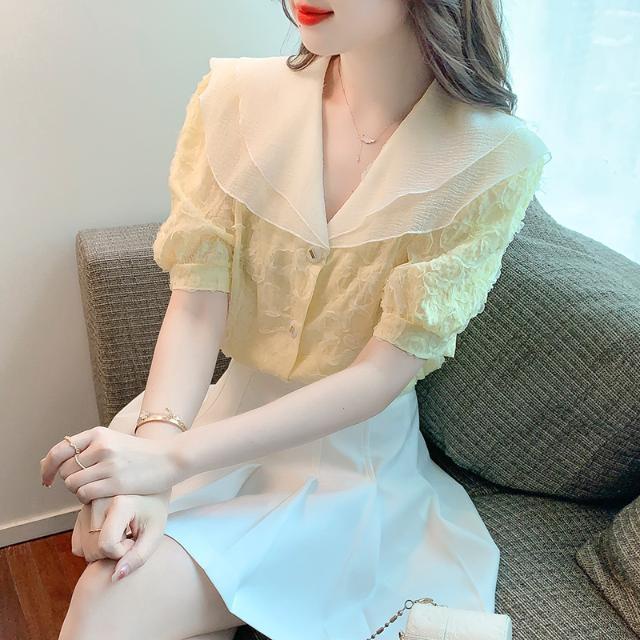 Áo Sơ Mi Chiffon Tay Ngắn Cổ Búp Bê Thời Trang Mùa Hè Cho Nữ
