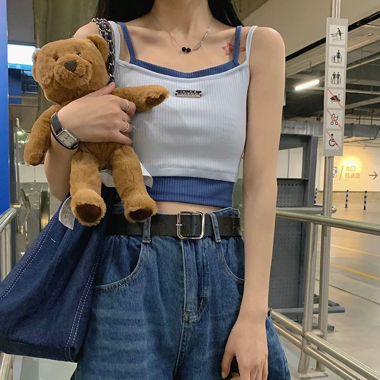 Wild Girl Áo Croptop Giả Hai Lớp Màu Trơn Thời Trang Cho Nữ