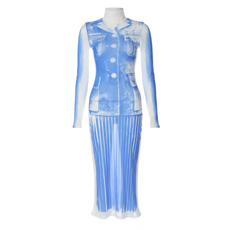 DUNEA Đầm Dài Tay Cổ Cao In Họa Tiết 3d Thiết Kế Mới Cho Nữ