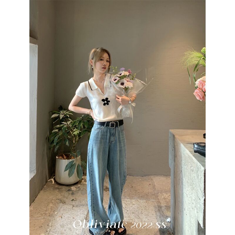 Áo Thun Polo Dệt Kim Tay Ngắn Dáng Rộng Phong Cách Hàn Quốc Mới