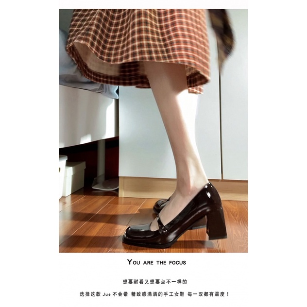 [F &amp; X] Giày Cao Gót Mũi Vuông Màu Đen Phong Cách Retro Pháp Thanh Lịch Dễ Phối Đồ