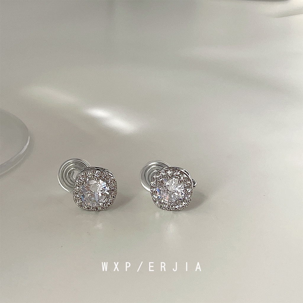 ✨Miss Jolie✨Hoa Tai Dạng Kẹp Hình Vuông Đính Đá Zircon Màu Bạc Siêu Nhấp Nháy Độc Đáo Dễ Phối Đồ Cho Nữ