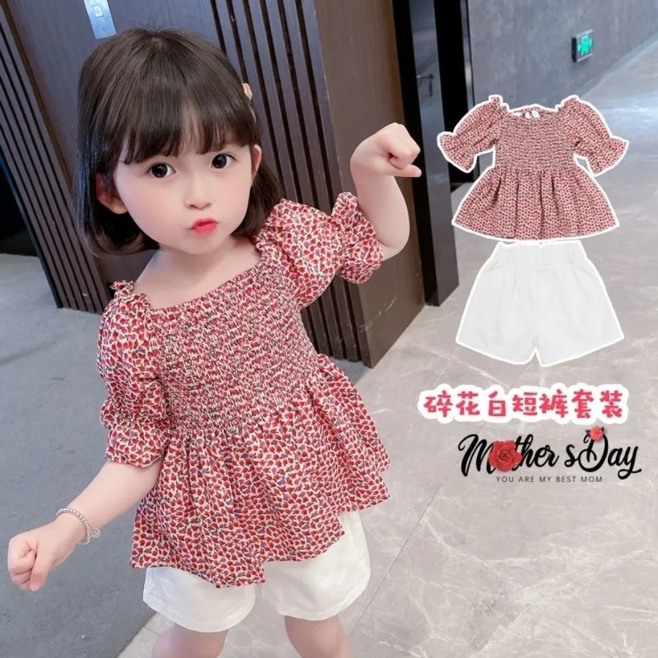 Bộ Áo Thun Tay Ngắn In Hoa + Quần Short Thời Trang Mùa Hè 2023 Phong Cách Hàn Quốc Cho Bé Gái