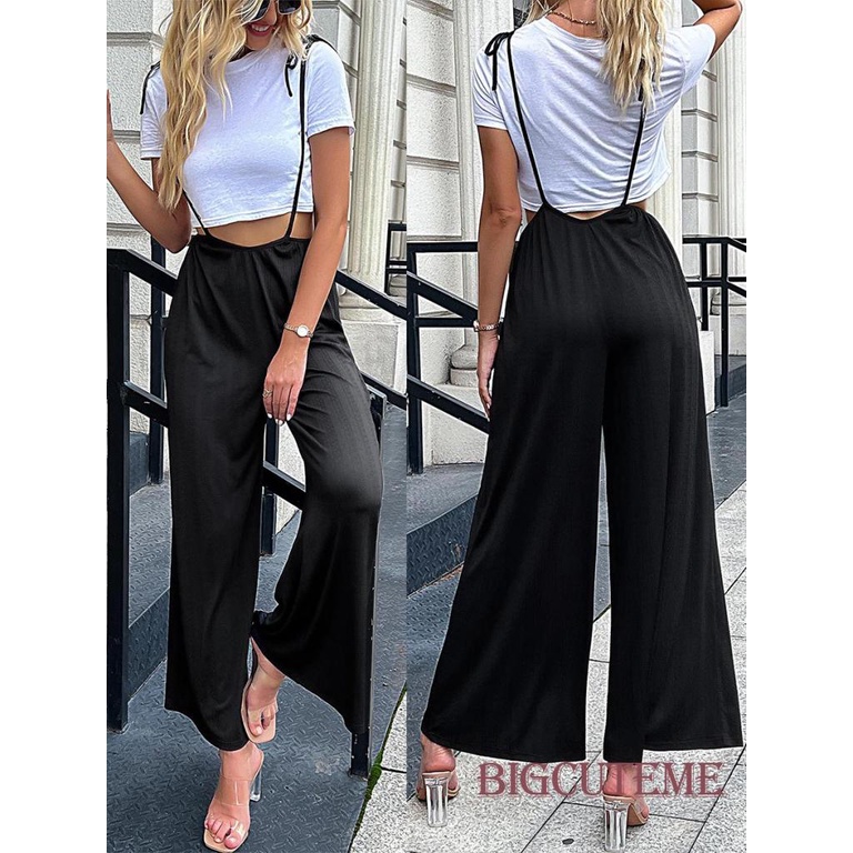 [] Quần Yếm Dài Ống Rộng Lưng Cao Không Tay Màu Đen Giản Dị Dành Cho Nữ