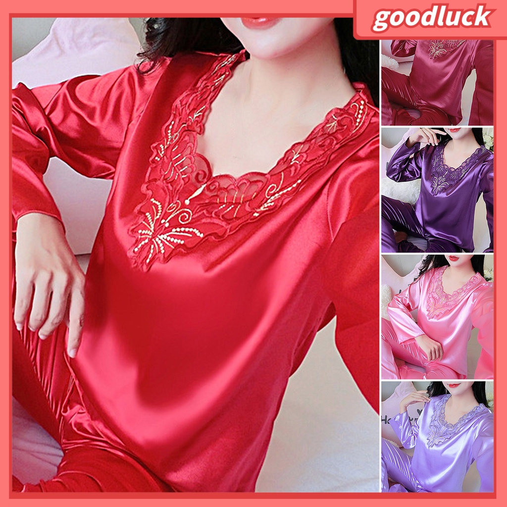 Bộ Đồ Ngủ 2 Món Bằng Lụa Tay Dài Cổ Chữ V Màu Trơn Phối Ren Plus Size Cho Nữ