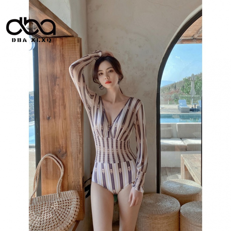 Dba Đồ Bơi Một Mảnh Tay Dài Che Bụng Họa Tiết Kẻ Sọc Gợi Cảm Phong Cách Hàn Quốc 2021